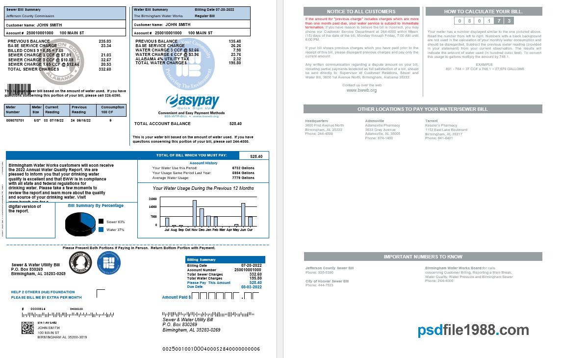 USA Alabama Birmingham Water and Sewer Utility Bill